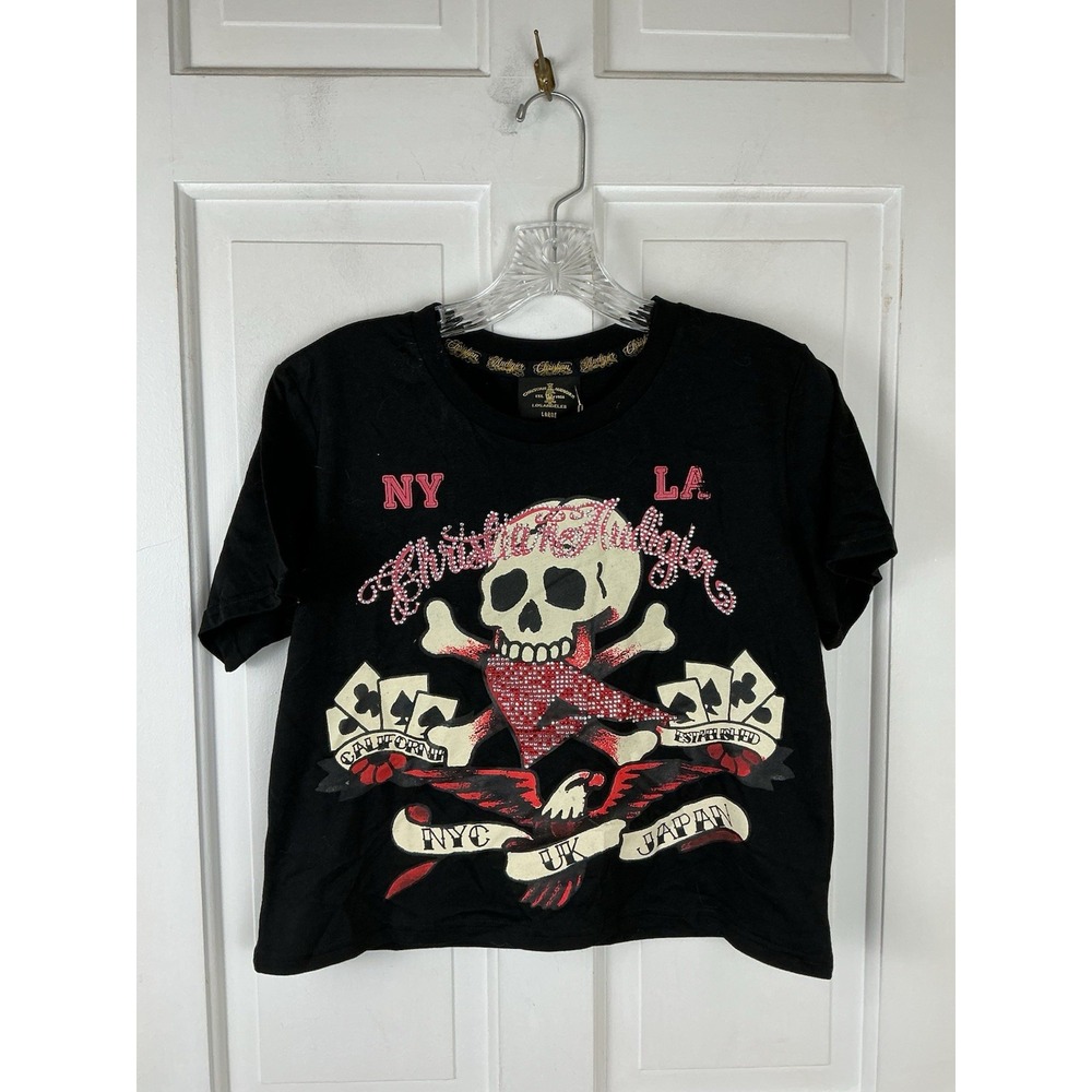 Christian Audigier Black Graphic Rhinestone Crop Tee Sz L Y2K Ed Hardy Style